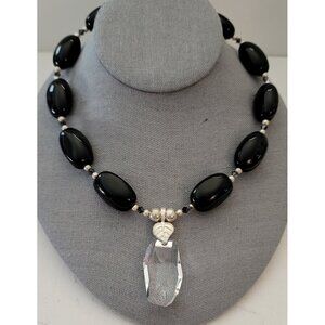 Sterling Silver Black Onyx Clear Geometrical Crystal Pendant Necklace E872